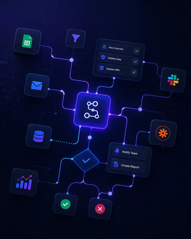 Connected workflow nodes representing automated business processes and integrations